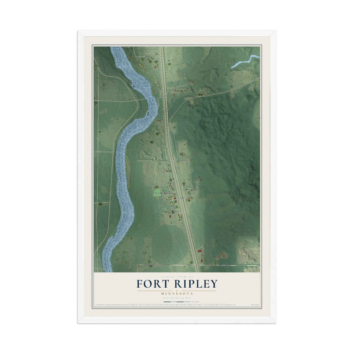 Map of Fort Ripley, Minnesota, 12 x 18 inch print in a white wood frame