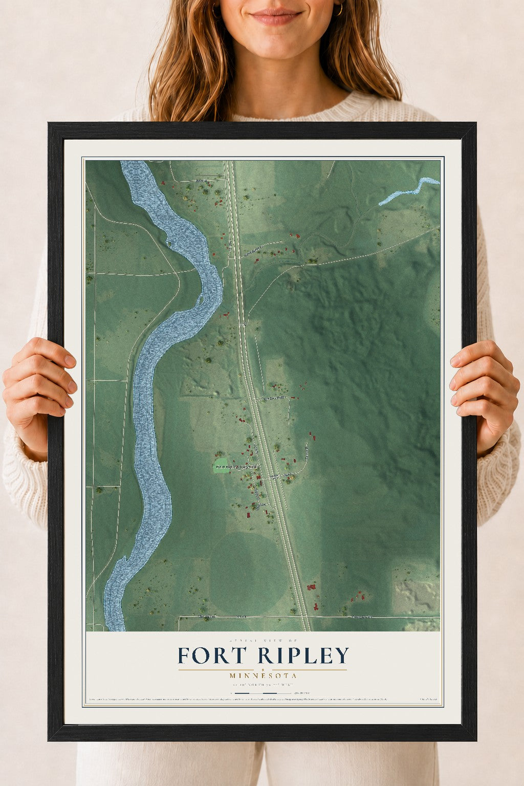 Map of Fort Ripley, Minnesota, 18 x 24 inch print in a black wood frame