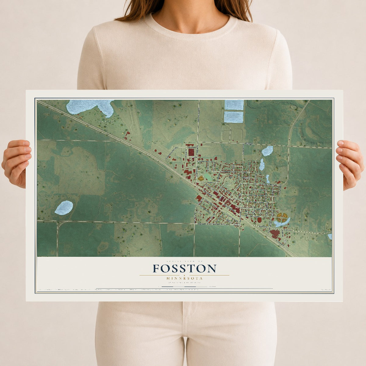 Map of Fosston, Minnesota, 12 x 18 inch unframed archival matte print