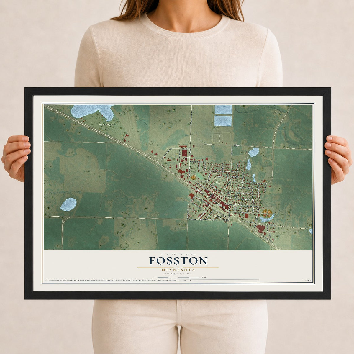 Map of Fosston, Minnesota, 12 x 18 inch print in a black wood frame