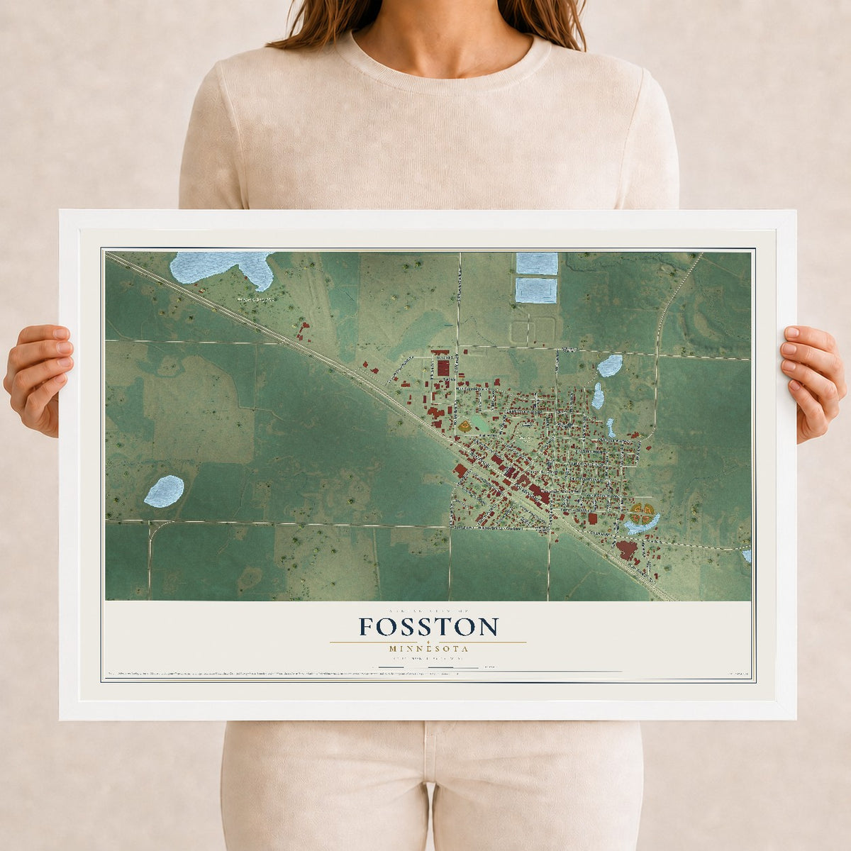 Map of Fosston, Minnesota, 12 x 18 inch print in a white wood frame