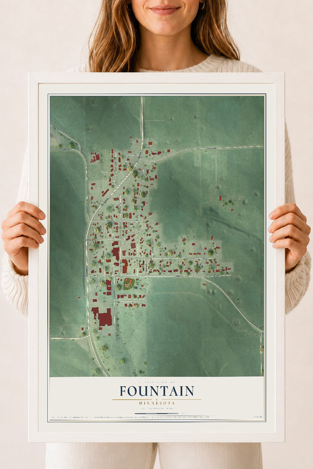 Map of Fountain, Minnesota, 18 x 24 inch print in a white wood frame