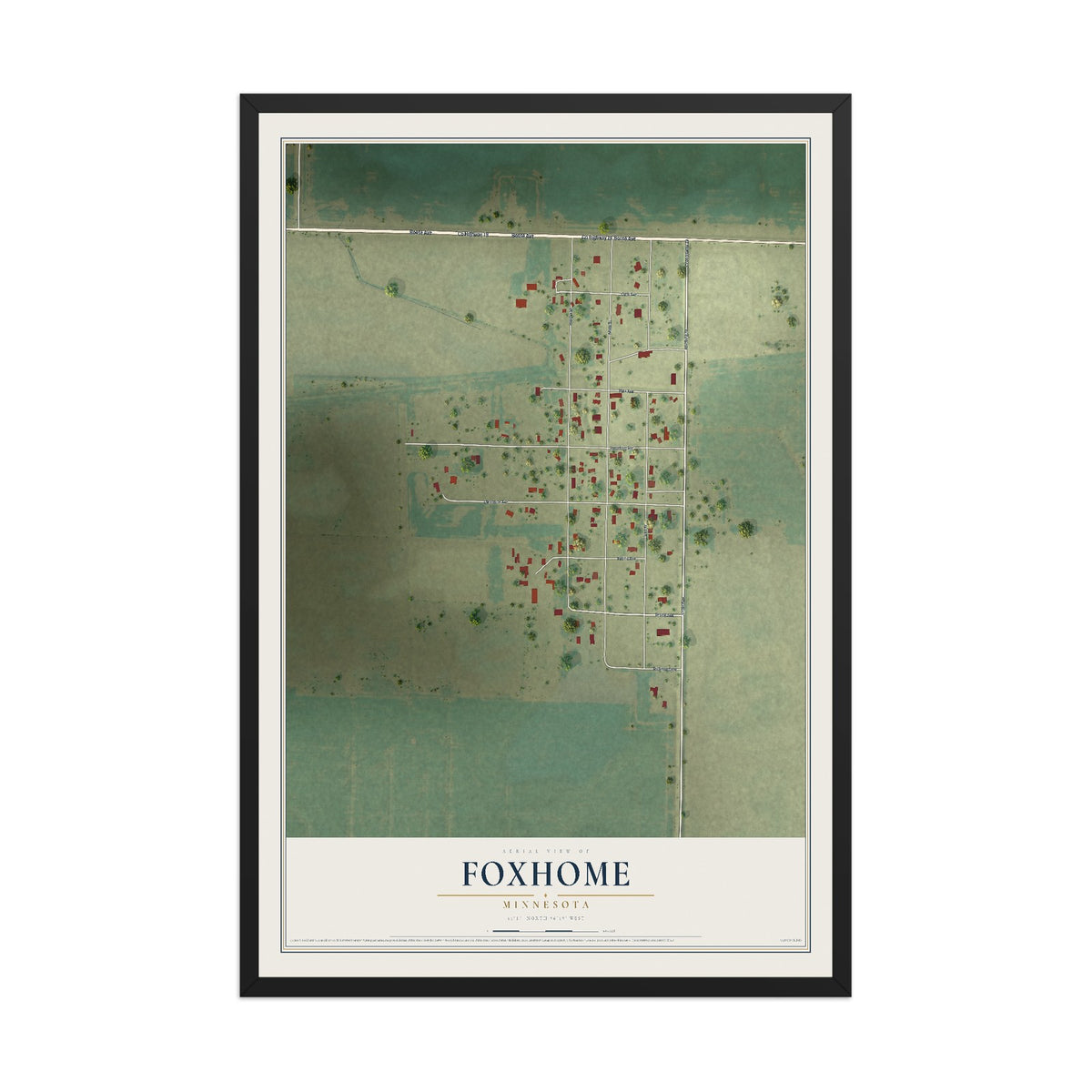 Map of Foxhome, Minnesota, 12 x 18 inch print in a black wood frame