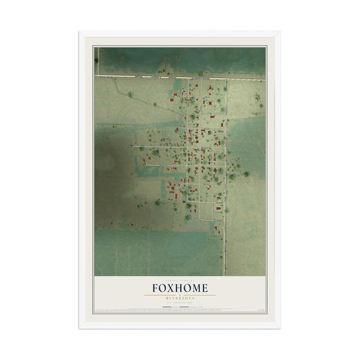Map of Foxhome, Minnesota, 12 x 18 inch print in a white wood frame