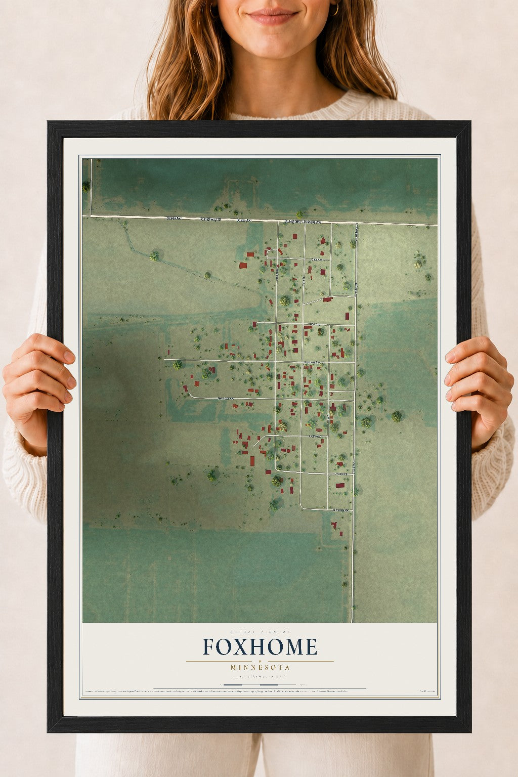 Map of Foxhome, Minnesota, 18 x 24 inch print in a black wood frame