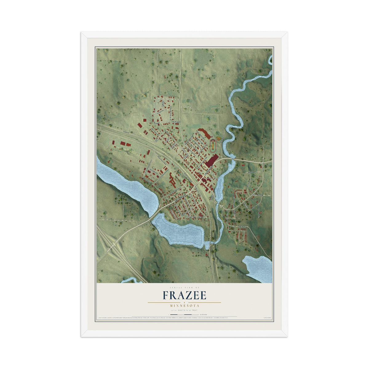 Map of Frazee, Minnesota, 12 x 18 inch print in a white wood frame