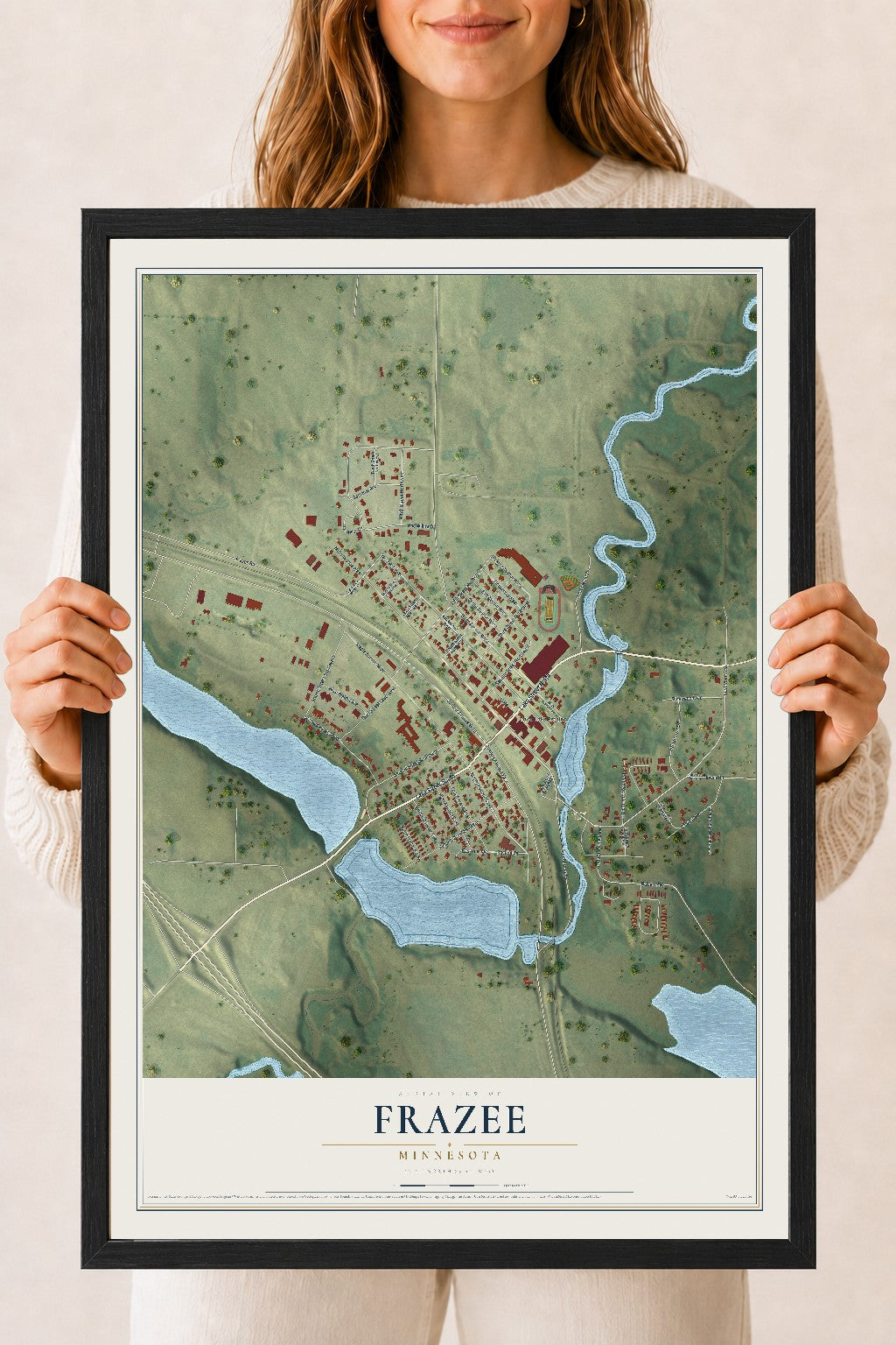 Map of Frazee, Minnesota, 18 x 24 inch print in a black wood frame