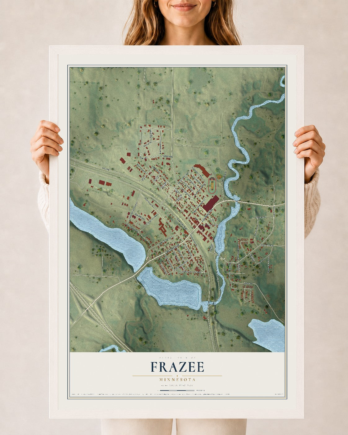 Map of Frazee, Minnesota, 24 x 36 inch print in a white wood frame
