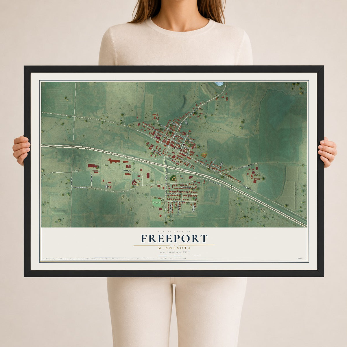 Map of Freeport, Minnesota, 24 x 36 inch print in a black wood frame