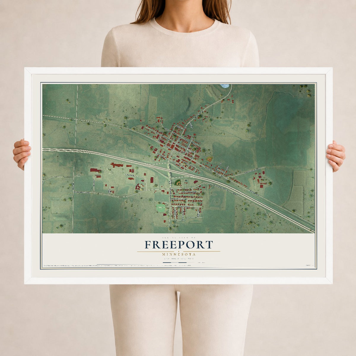 Map of Freeport, Minnesota, 24 x 36 inch print in a white wood frame