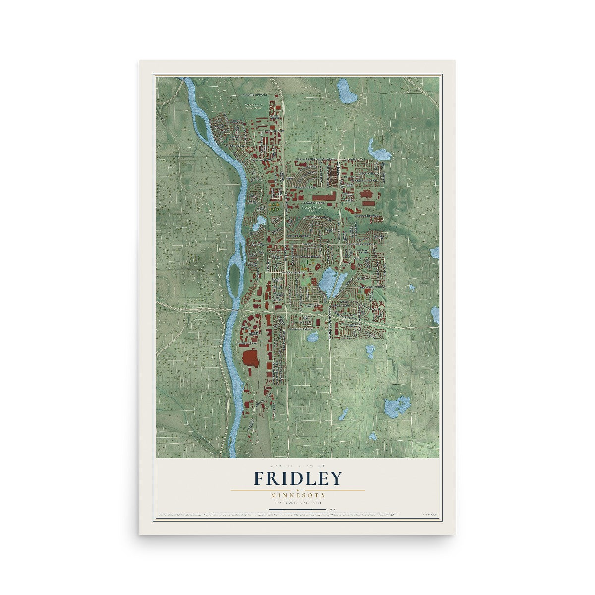Map of Fridley, Minnesota, 12 x 18 inch unframed archival matte print