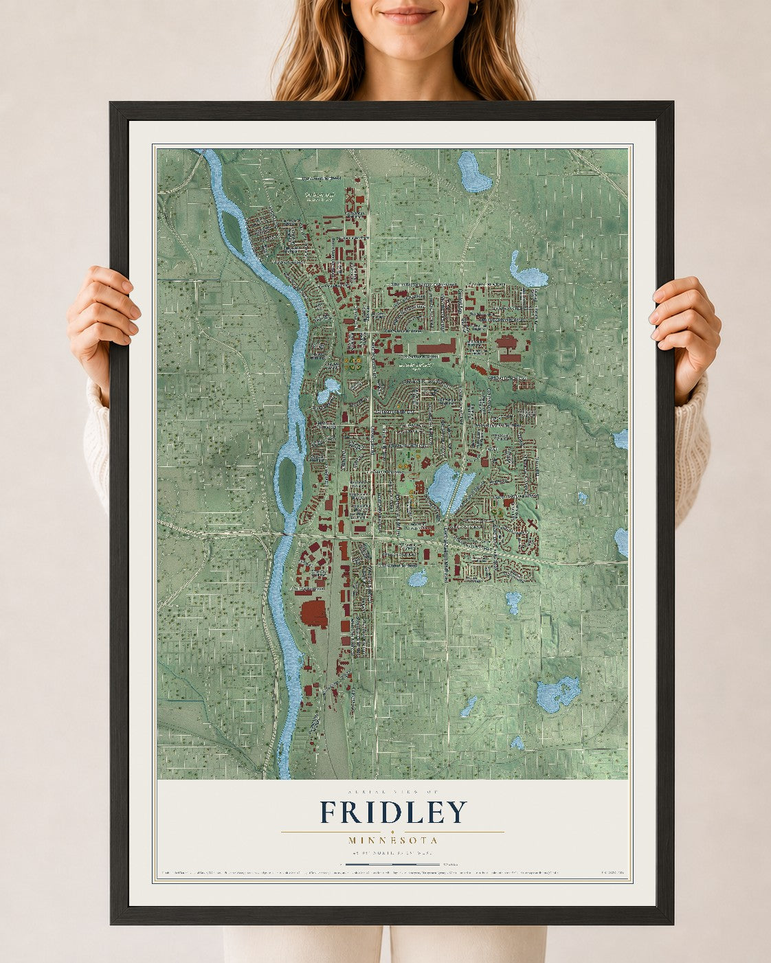 Map of Fridley, Minnesota, 24 x 36 inch print in a black wood frame