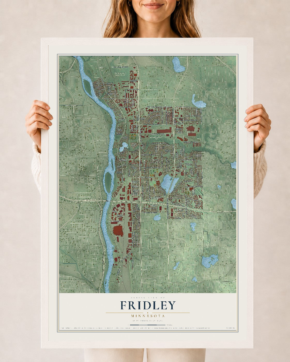 Map of Fridley, Minnesota, 24 x 36 inch print in a white wood frame