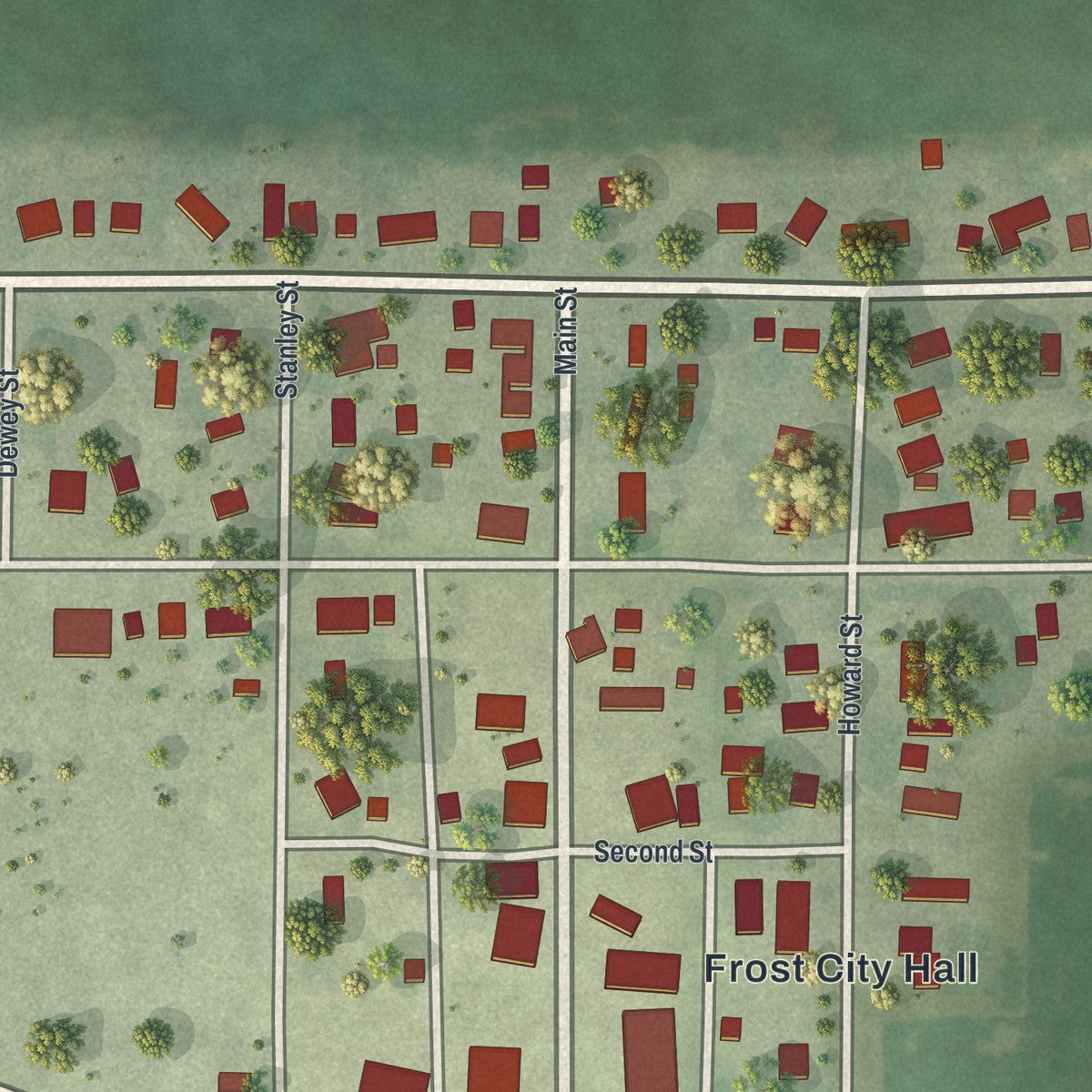 Close-up of the map of Frost, Minnesota print showing street and building detail