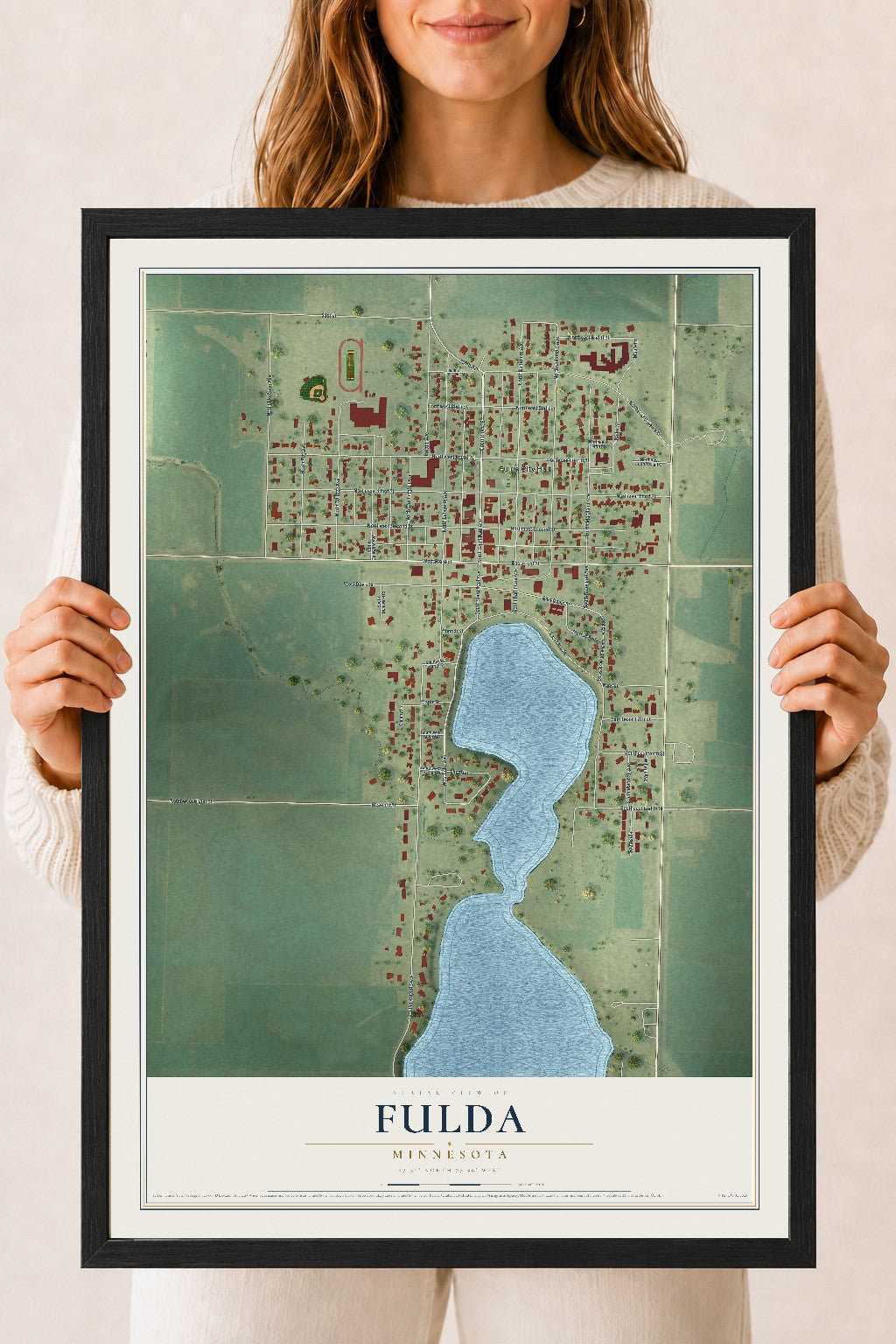 Map of Fulda, Minnesota, 18 x 24 inch print in a black wood frame