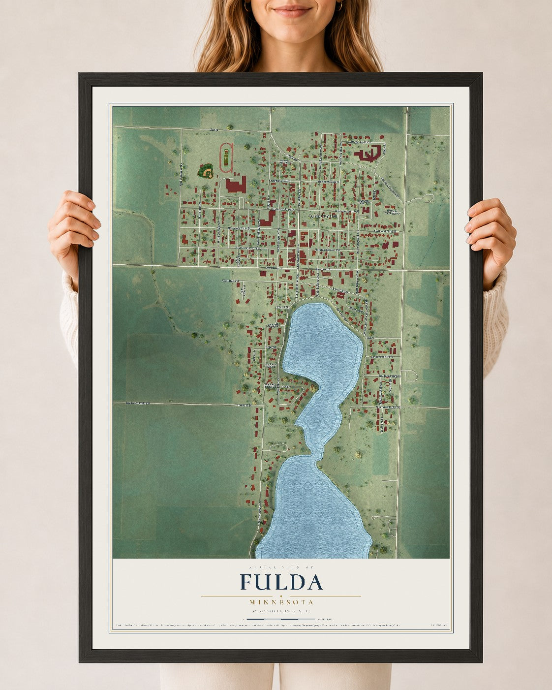 Map of Fulda, Minnesota, 24 x 36 inch print in a black wood frame