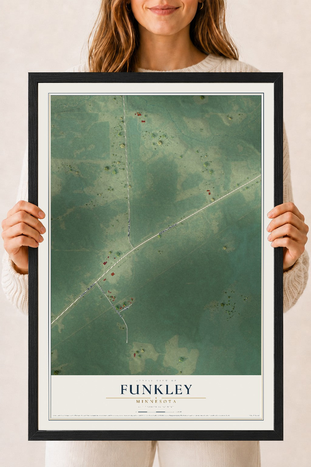 Map of Funkley, Minnesota, 18 x 24 inch print in a black wood frame