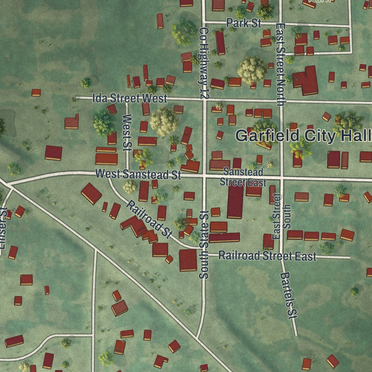 Close-up of the map of Garfield, Minnesota print showing street and building detail