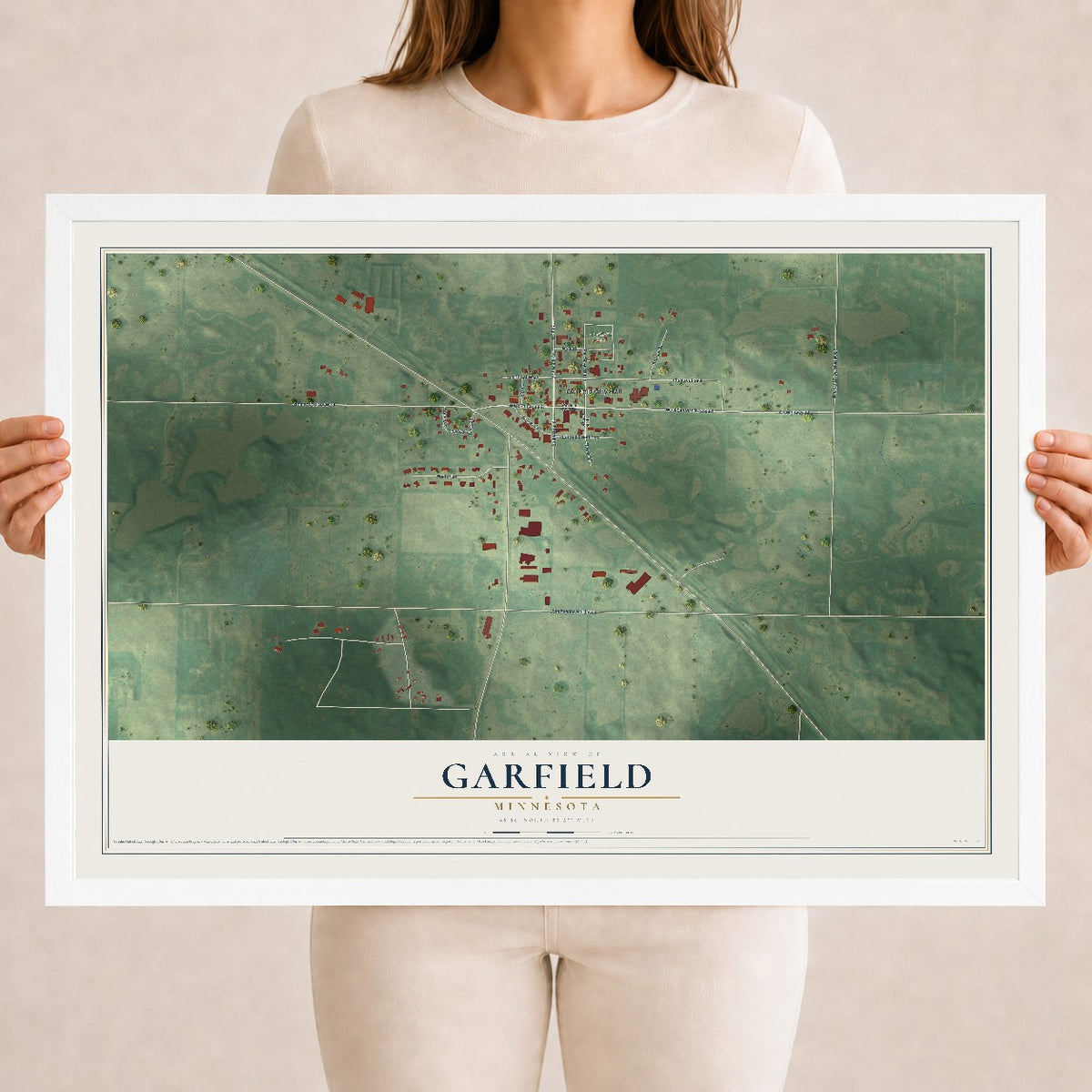 Map of Garfield, Minnesota, 18 x 24 inch print in a white wood frame