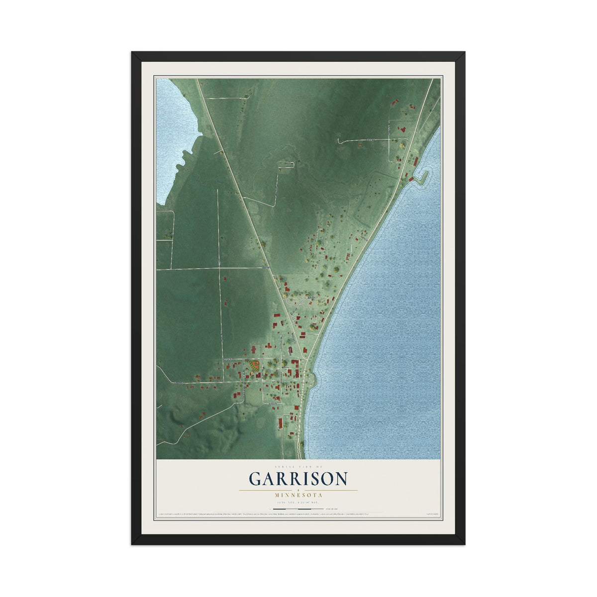 Map of Garrison, Minnesota, 12 x 18 inch print in a black wood frame