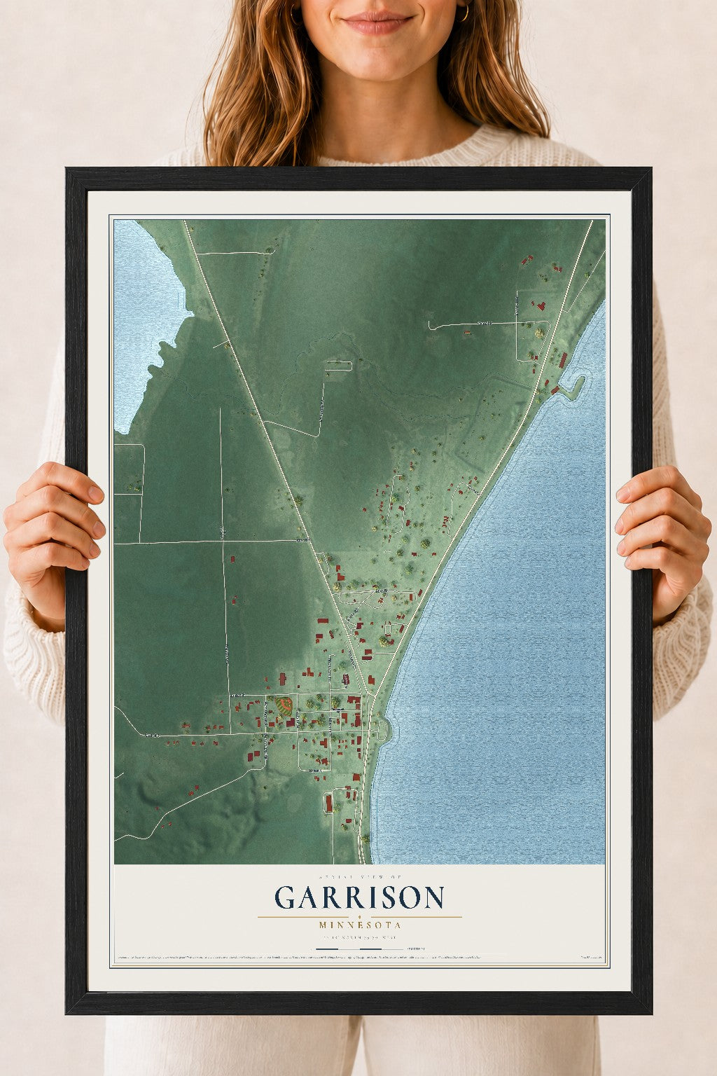Map of Garrison, Minnesota, 18 x 24 inch print in a black wood frame