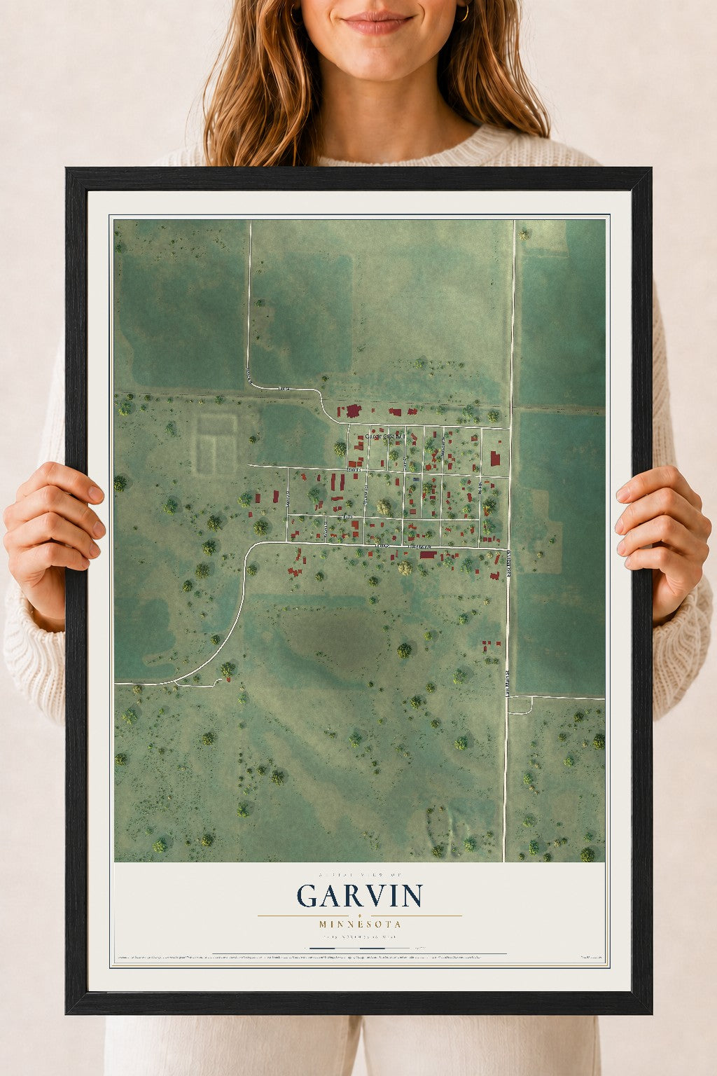 Map of Garvin, Minnesota, 18 x 24 inch print in a black wood frame