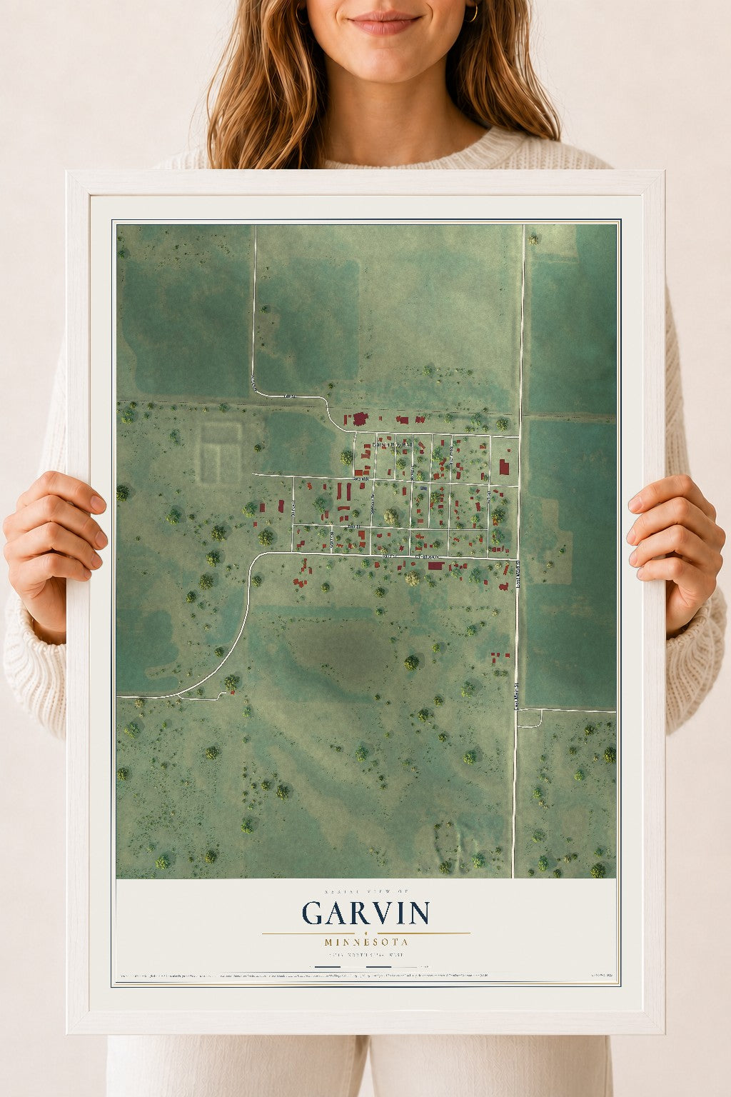 Map of Garvin, Minnesota, 18 x 24 inch print in a white wood frame