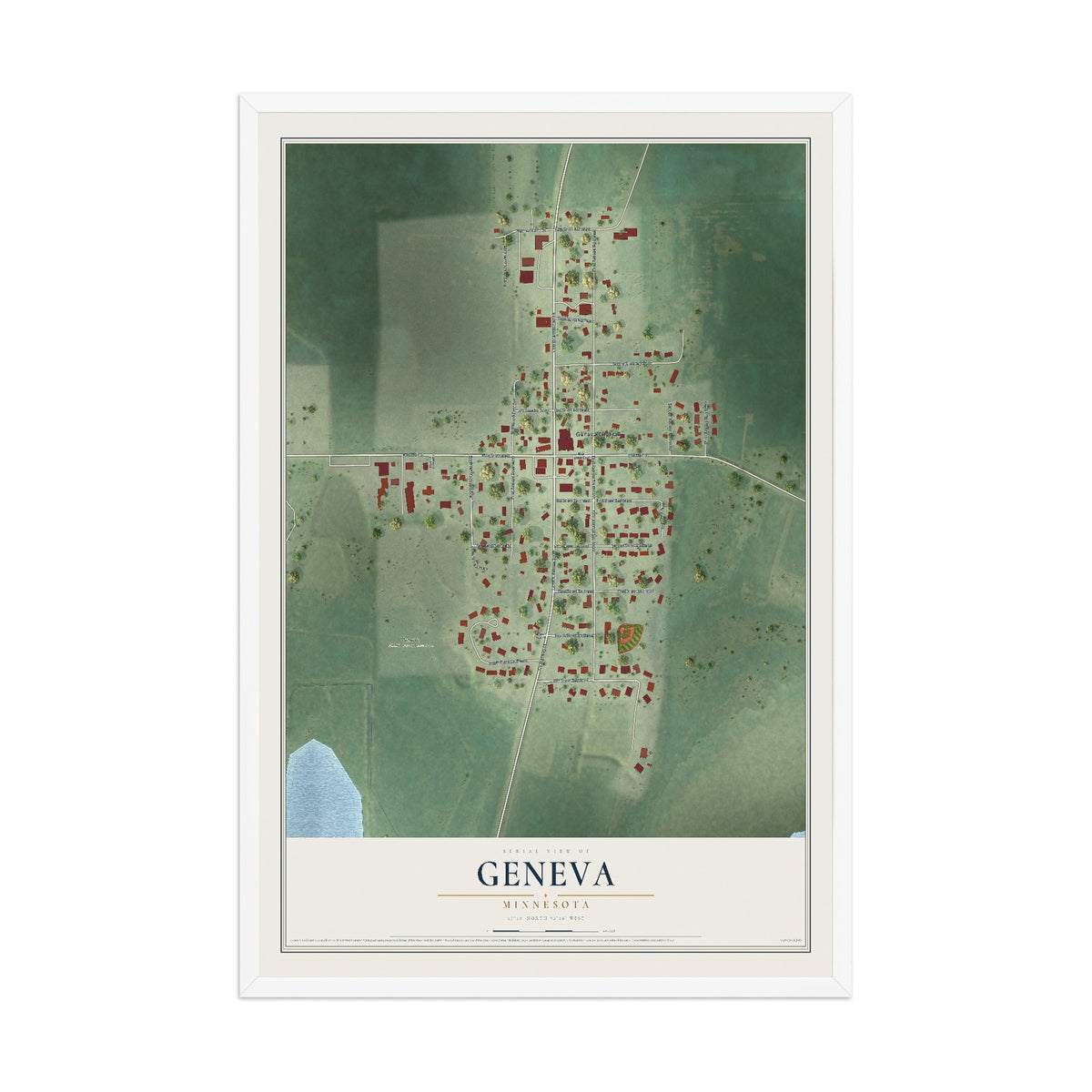 Map of Geneva, Minnesota, 12 x 18 inch print in a white wood frame