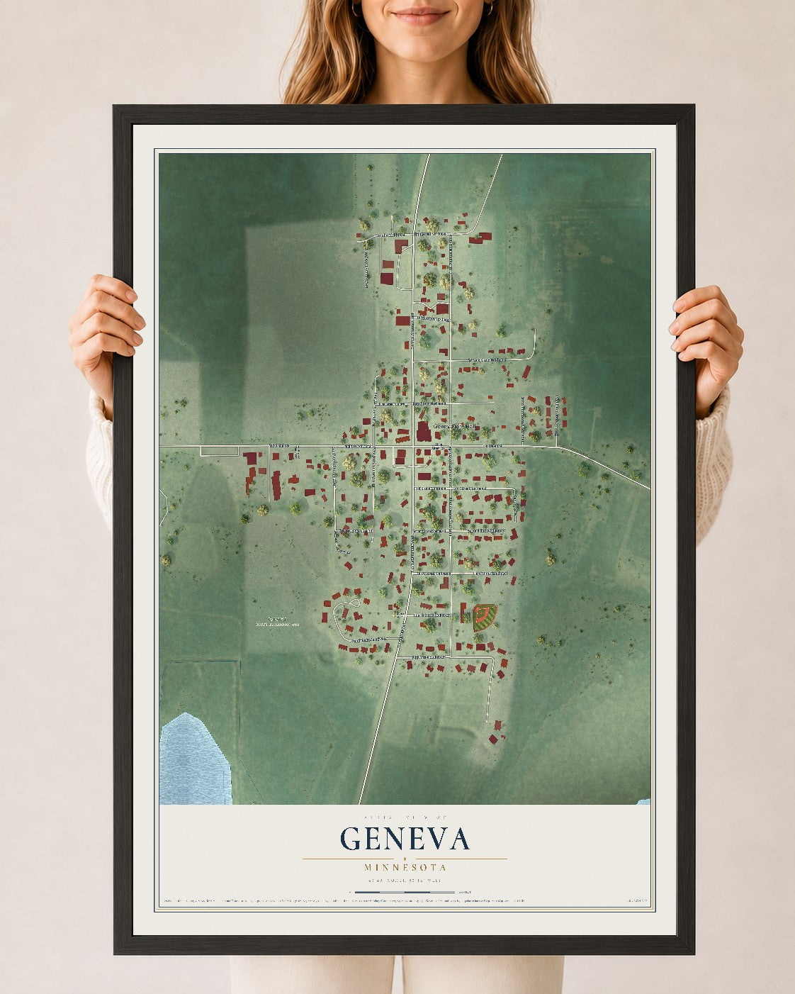 Map of Geneva, Minnesota, 24 x 36 inch print in a black wood frame