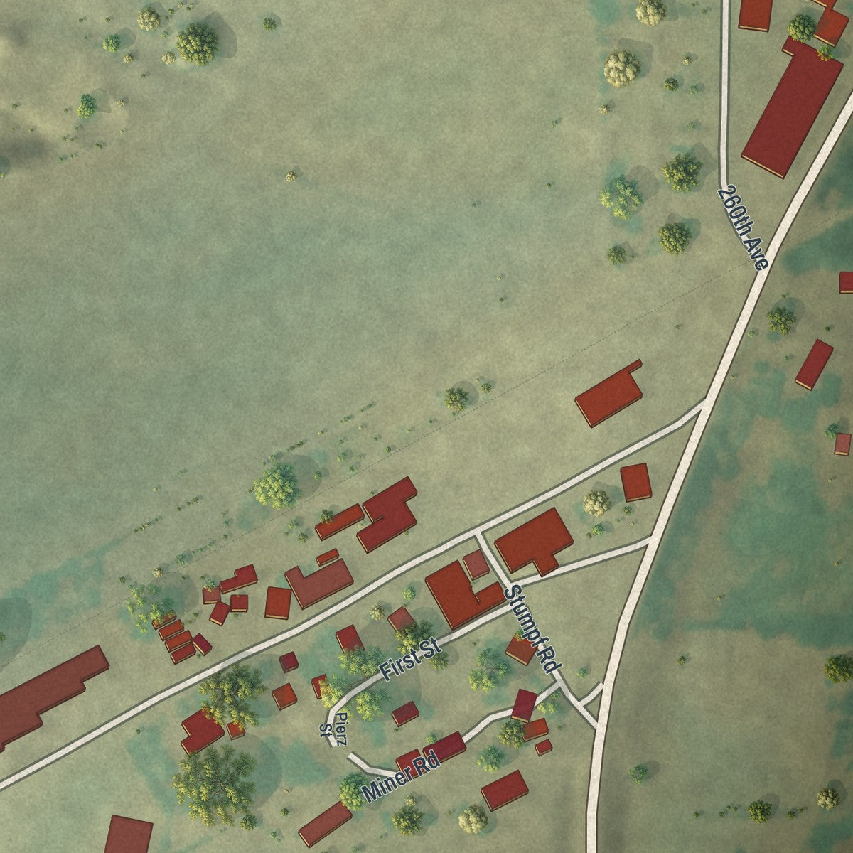 Close-up of the map of Genola, Minnesota print showing street and building detail