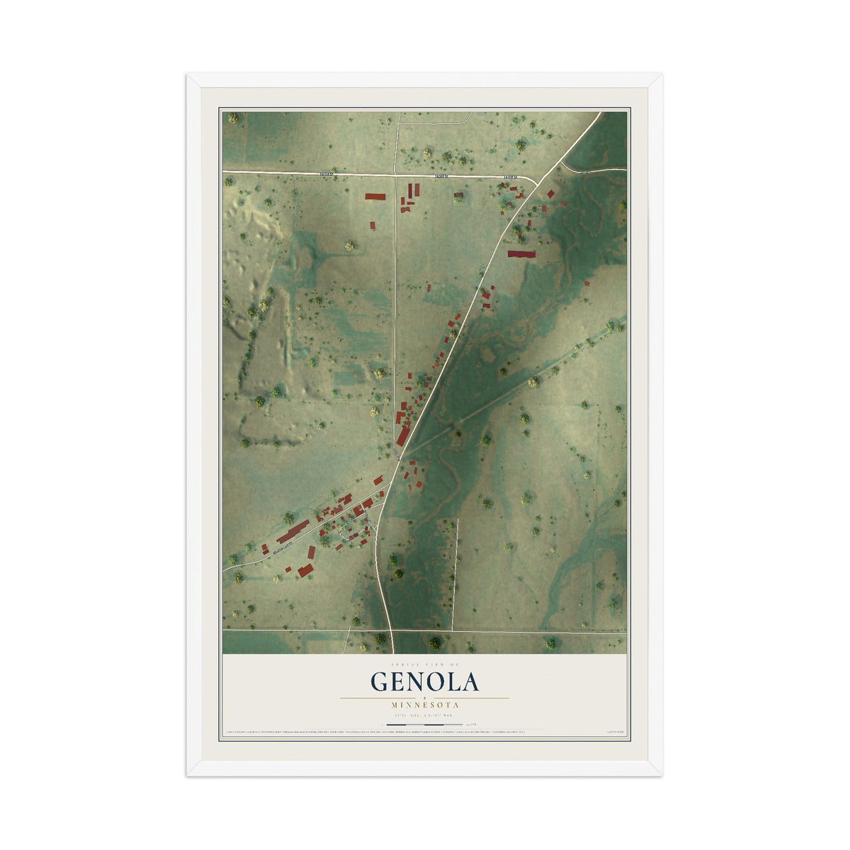 Map of Genola, Minnesota, 12 x 18 inch print in a white wood frame