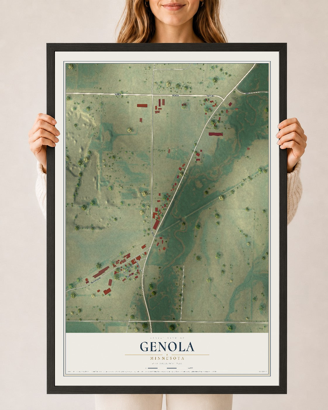 Map of Genola, Minnesota, 24 x 36 inch print in a black wood frame
