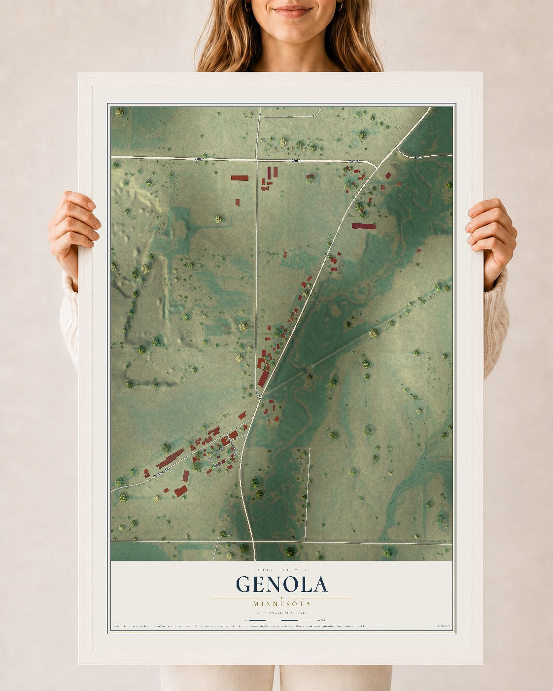 Map of Genola, Minnesota, 24 x 36 inch print in a white wood frame