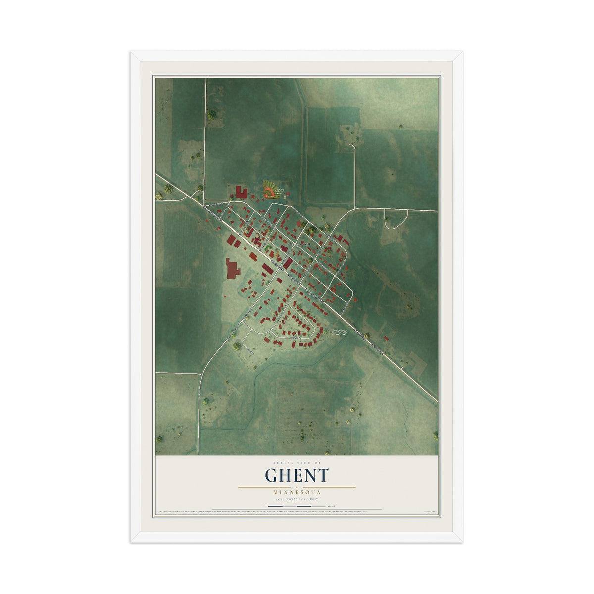 Map of Ghent, Minnesota, 12 x 18 inch print in a white wood frame