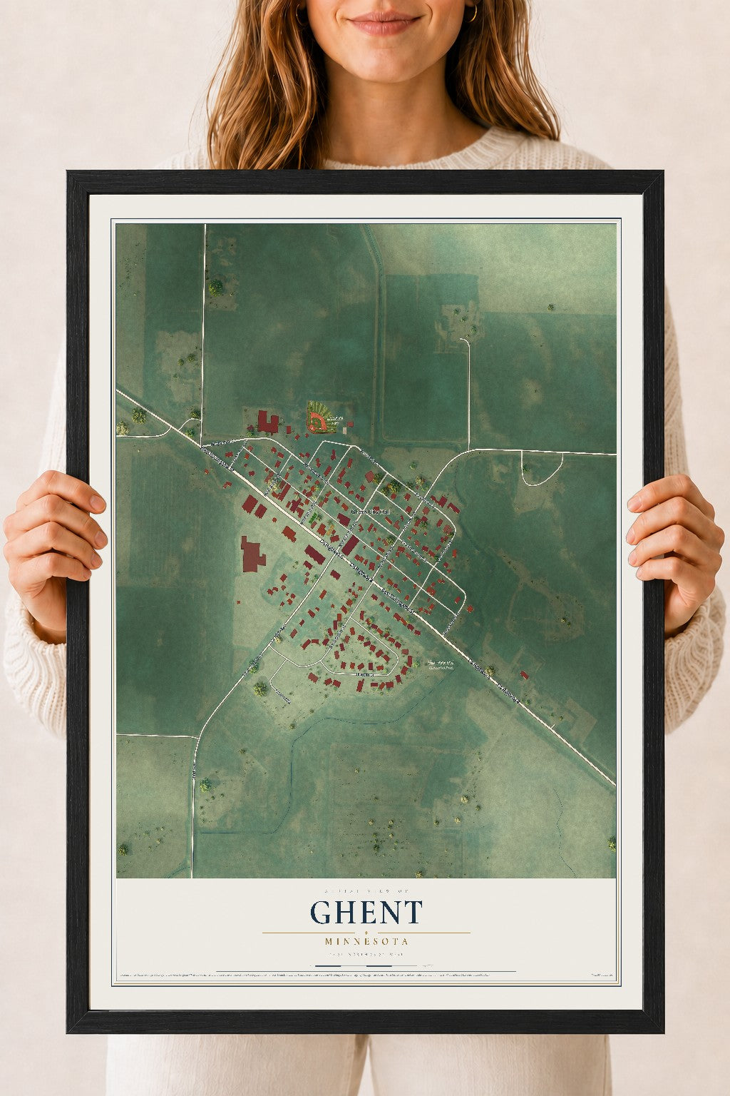 Map of Ghent, Minnesota, 18 x 24 inch print in a black wood frame