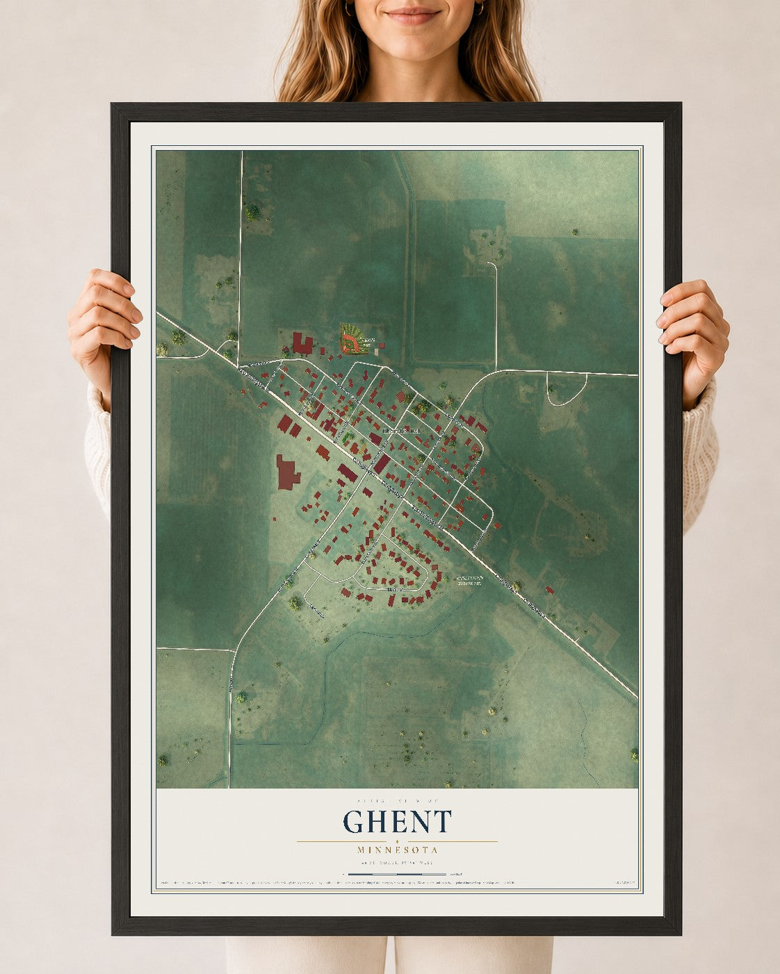 Map of Ghent, Minnesota, 24 x 36 inch print in a black wood frame