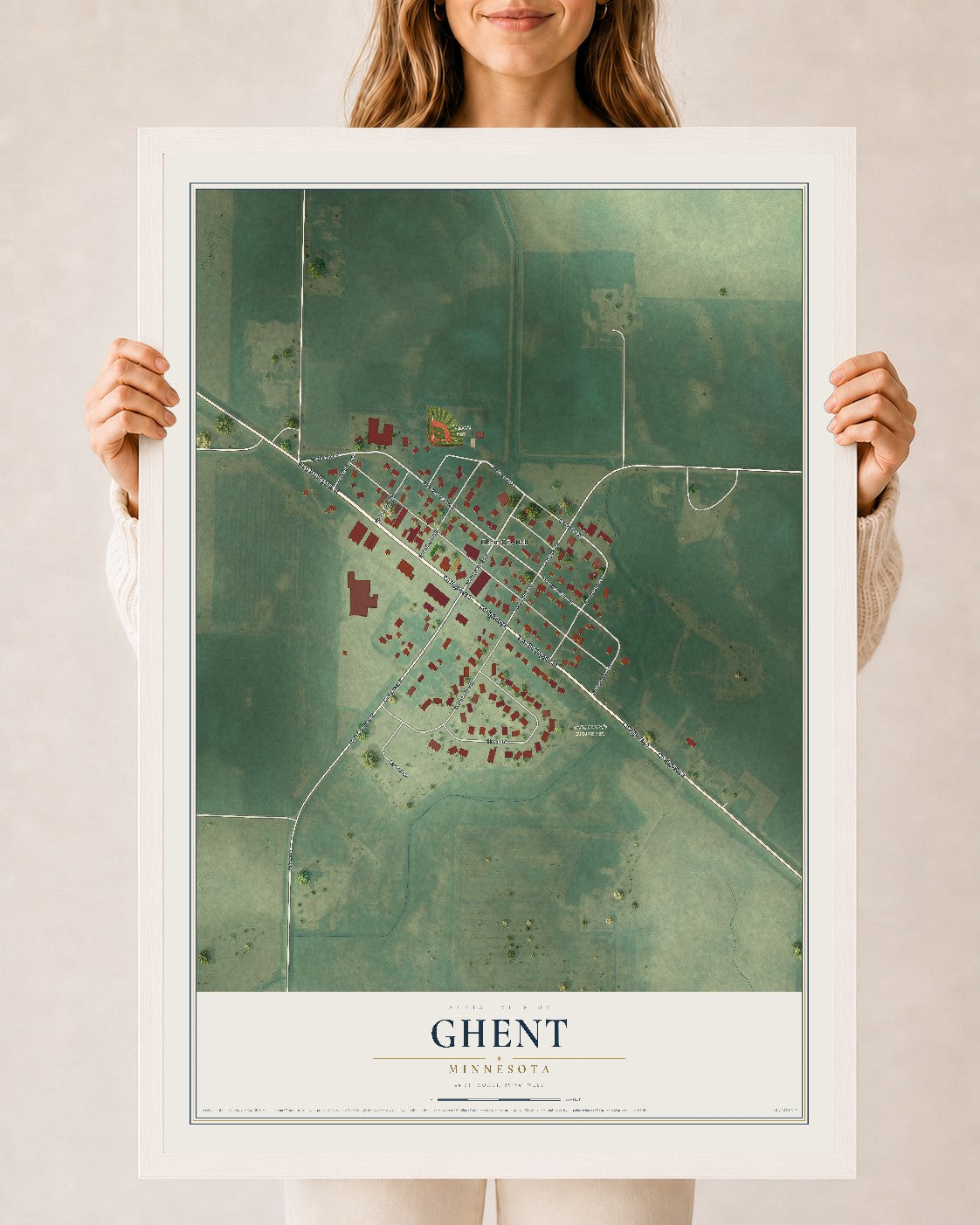 Map of Ghent, Minnesota, 24 x 36 inch print in a white wood frame