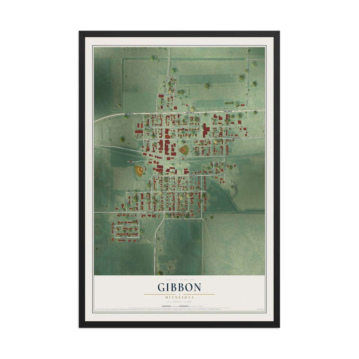 Map of Gibbon, Minnesota, 12 x 18 inch print in a black wood frame