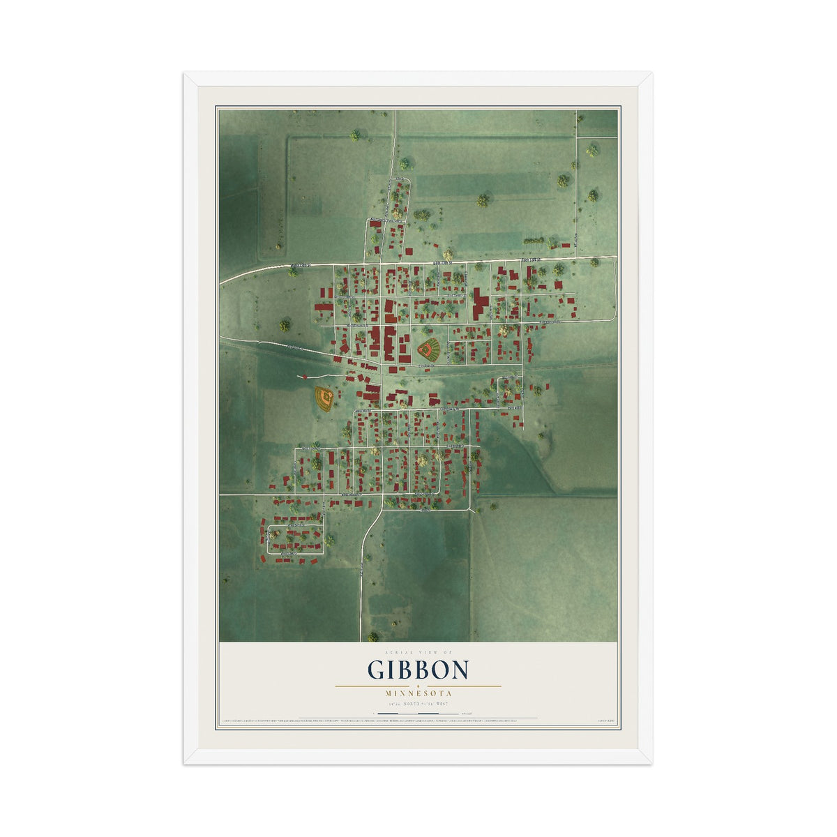 Map of Gibbon, Minnesota, 12 x 18 inch print in a white wood frame