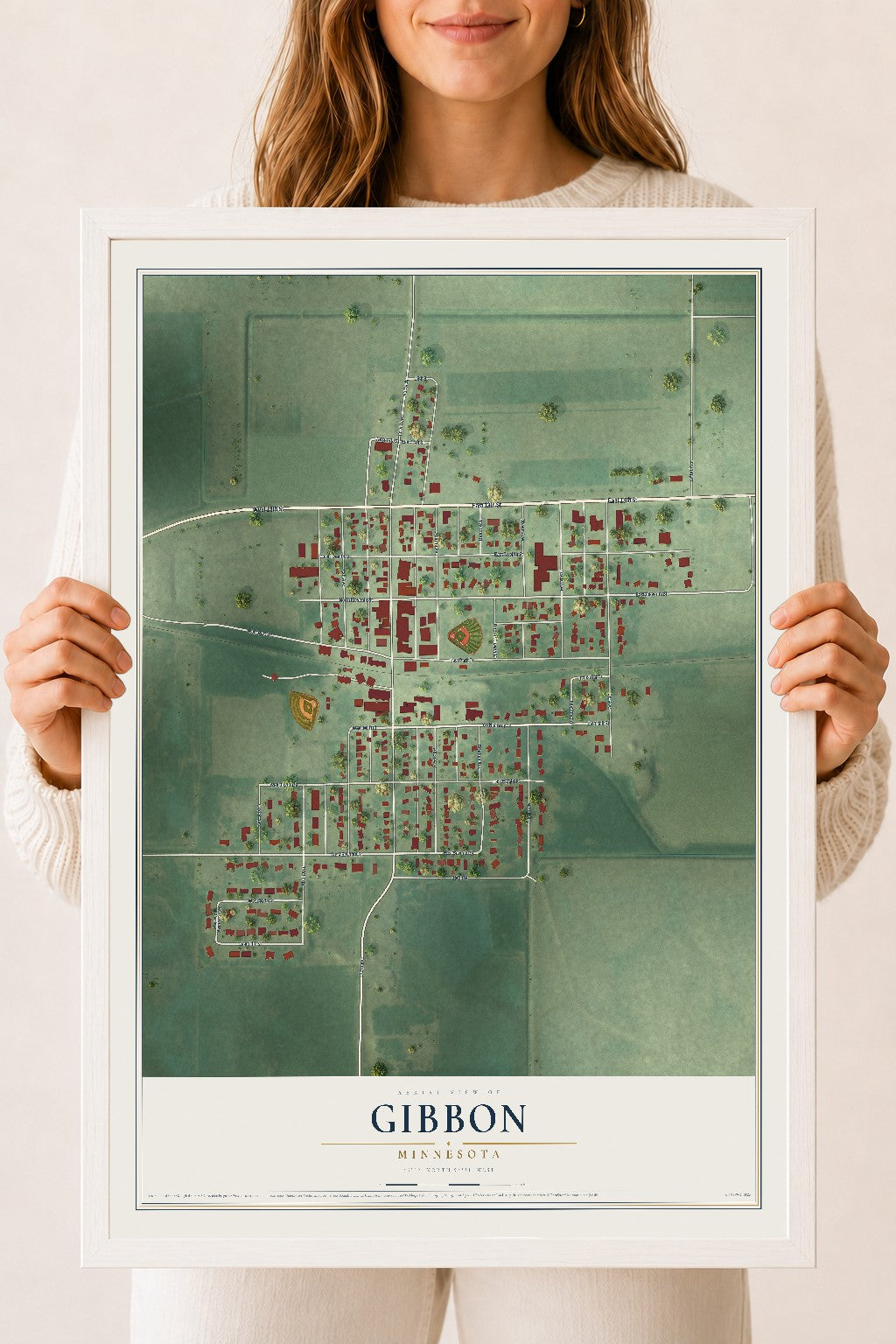 Map of Gibbon, Minnesota, 18 x 24 inch print in a white wood frame