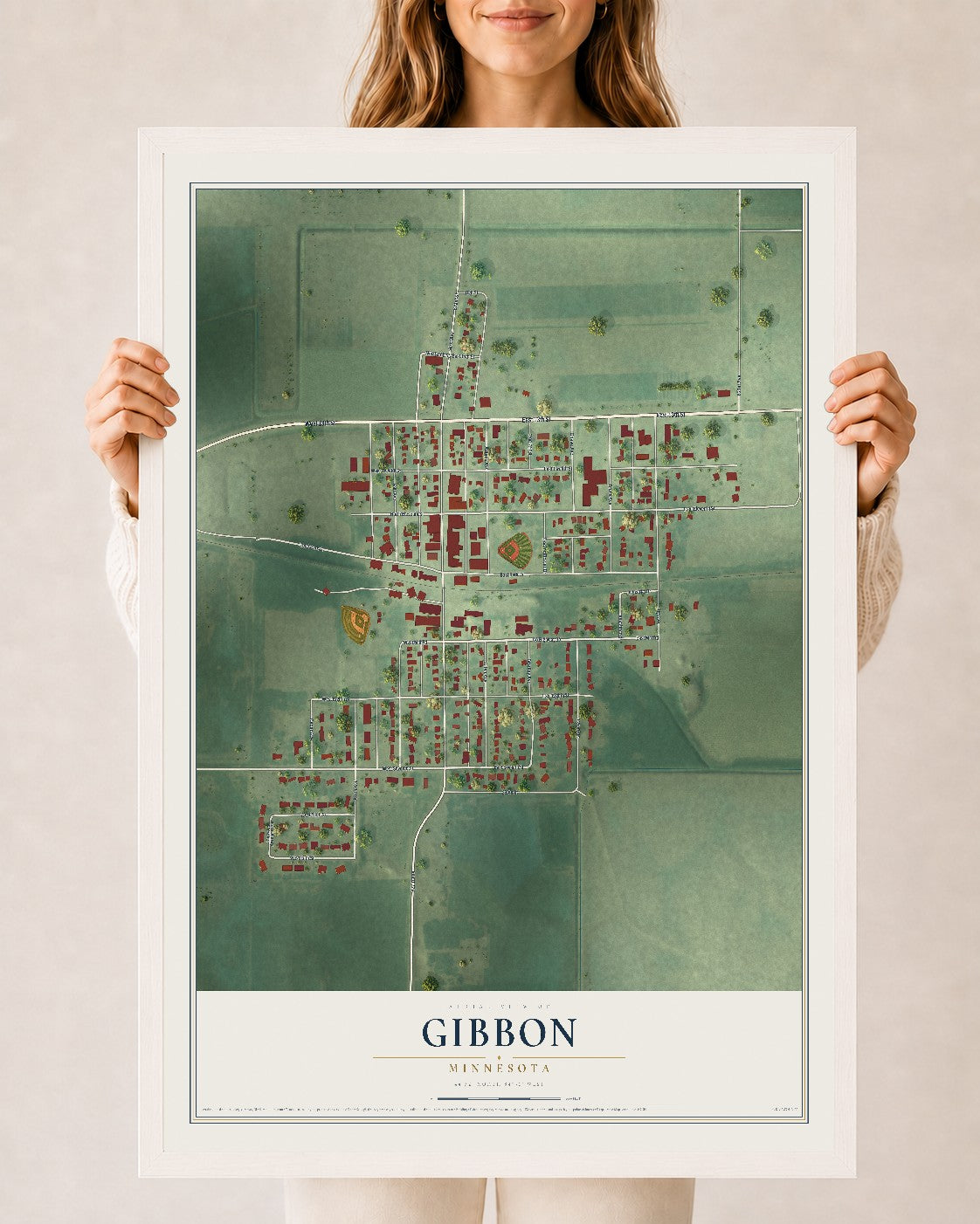 Map of Gibbon, Minnesota, 24 x 36 inch print in a white wood frame