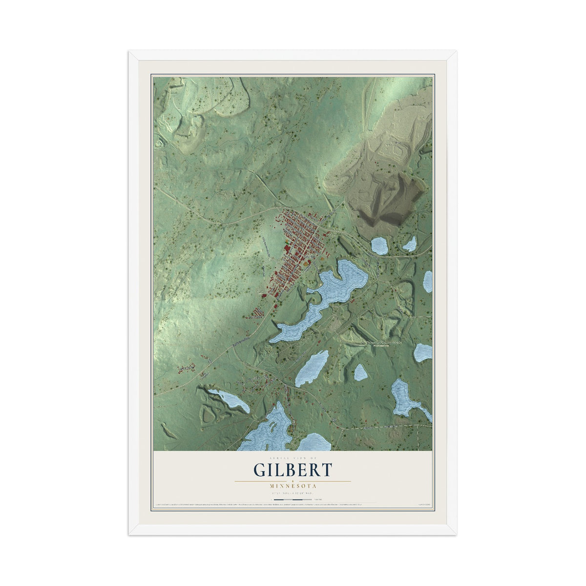 Map of Gilbert, Minnesota, 12 x 18 inch print in a white wood frame
