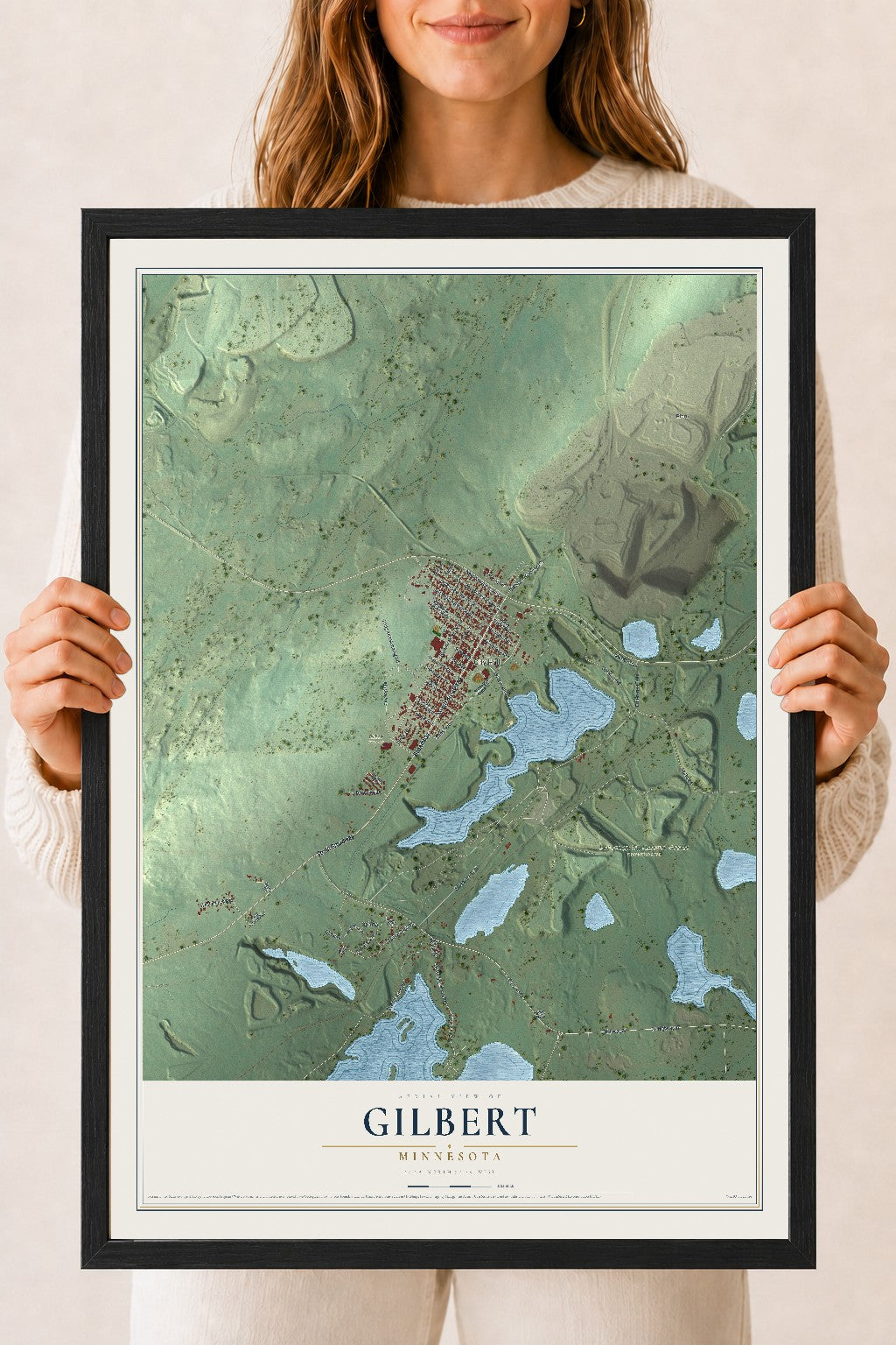 Map of Gilbert, Minnesota, 18 x 24 inch print in a black wood frame