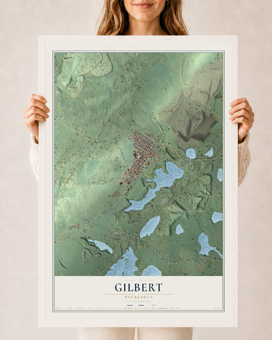 Map of Gilbert, Minnesota, 24 x 36 inch print in a white wood frame
