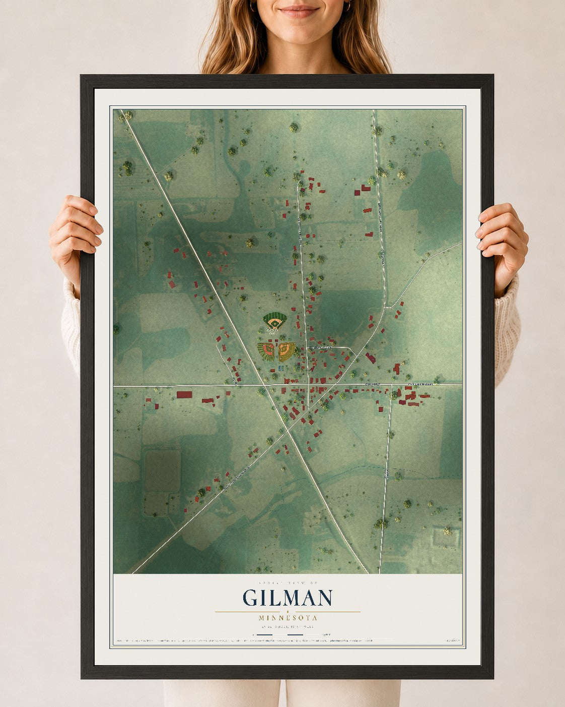 Map of Gilman, Minnesota, 24 x 36 inch print in a black wood frame
