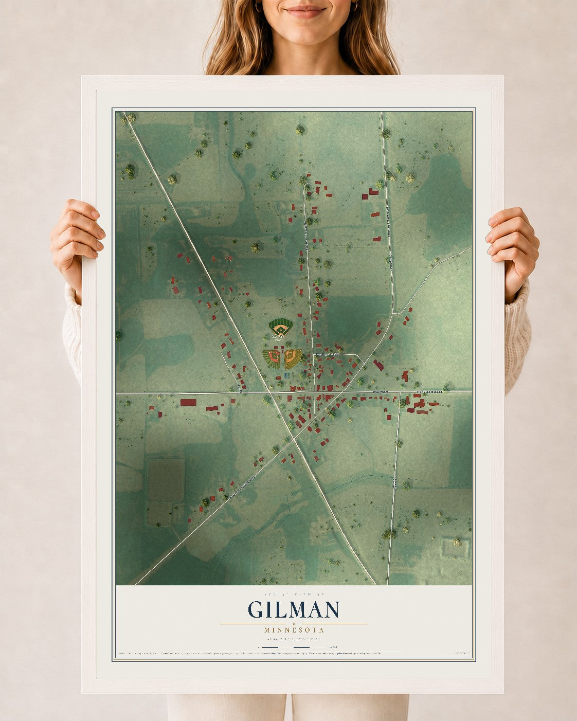 Map of Gilman, Minnesota, 24 x 36 inch print in a white wood frame