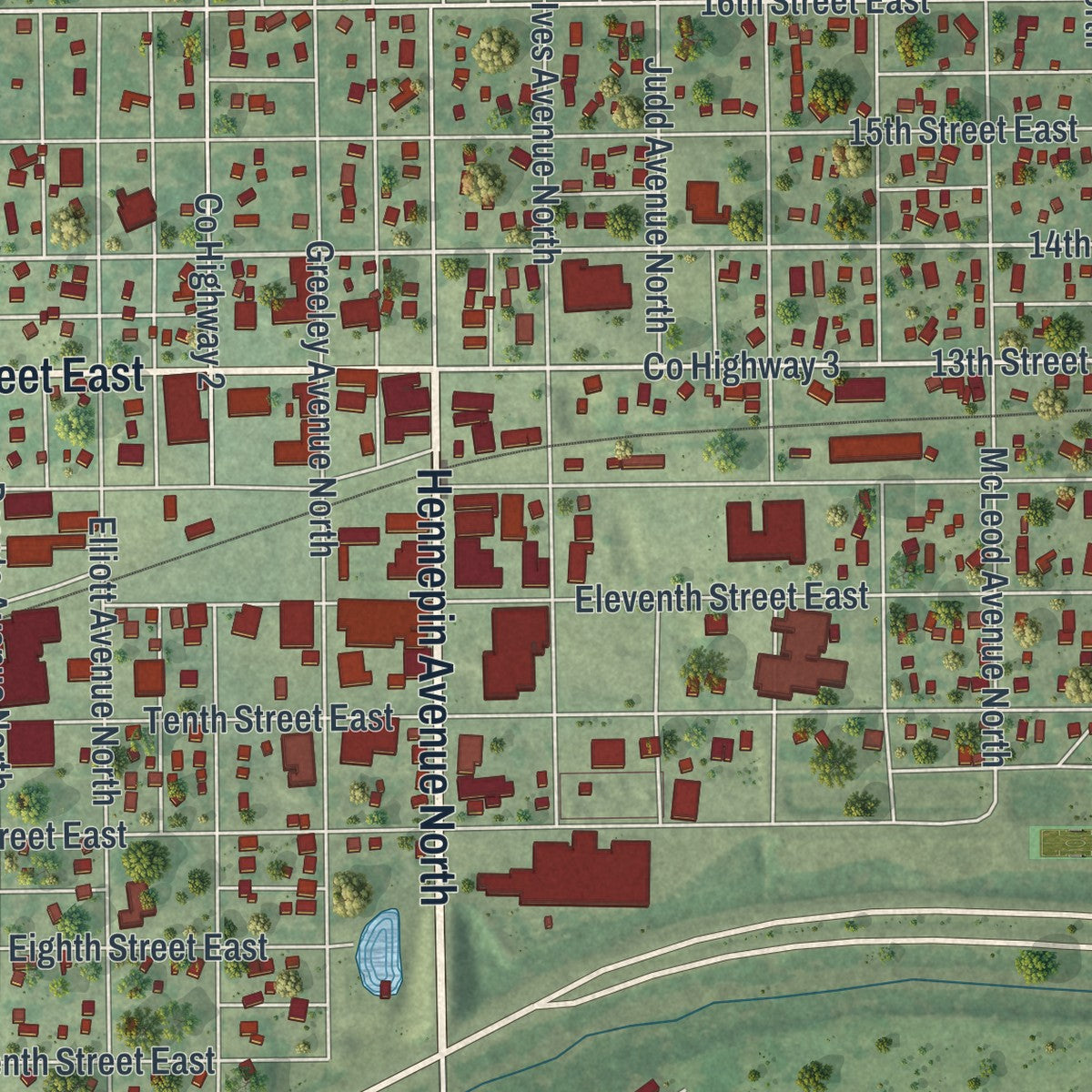Close-up of the map of Glencoe, Minnesota print showing street and building detail