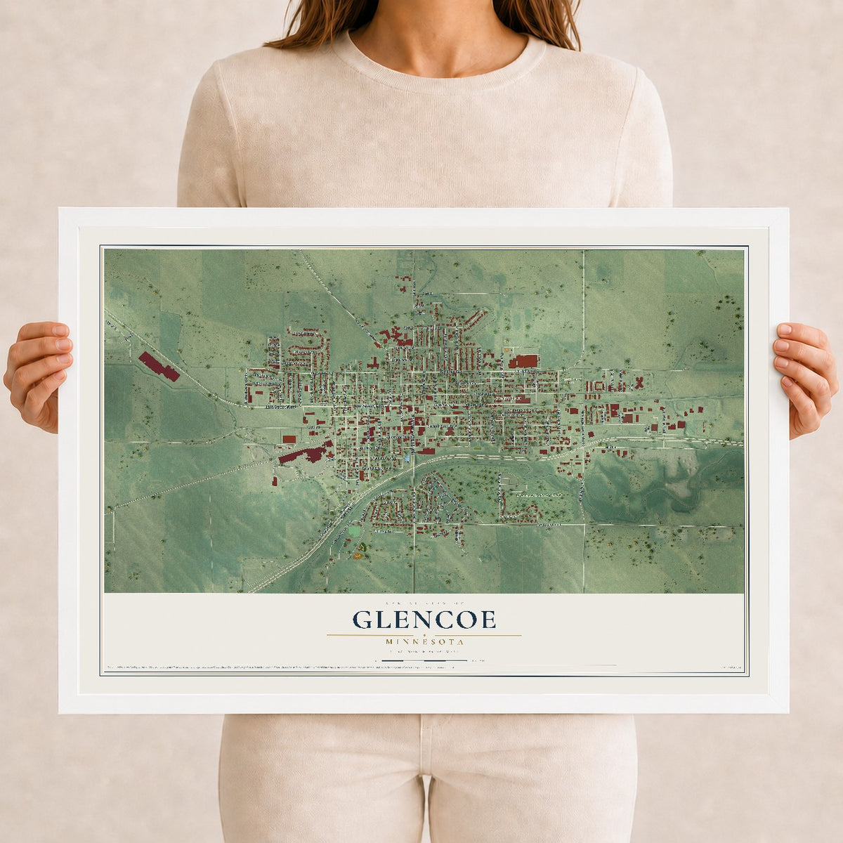Map of Glencoe, Minnesota, 12 x 18 inch print in a white wood frame