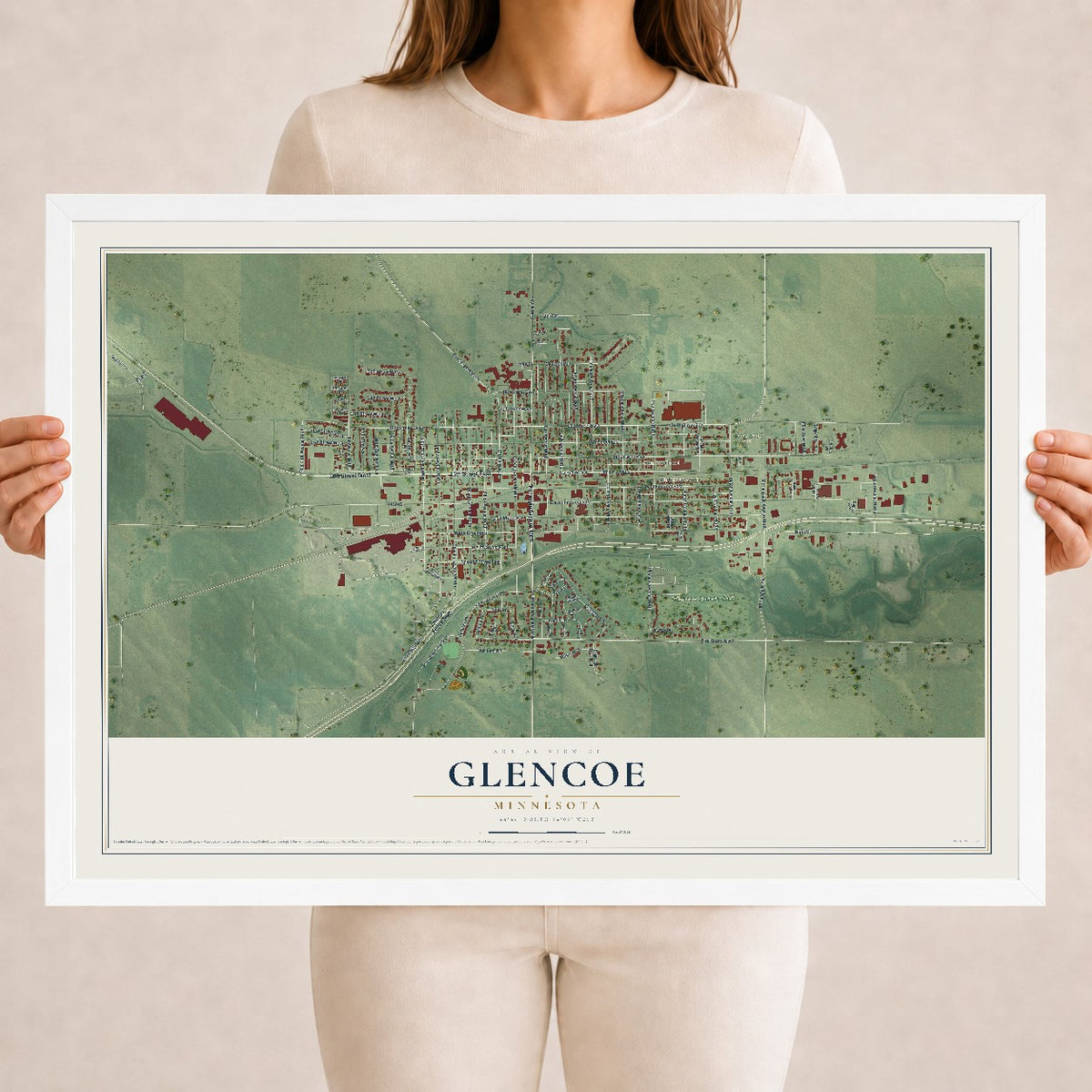 Map of Glencoe, Minnesota, 18 x 24 inch print in a white wood frame