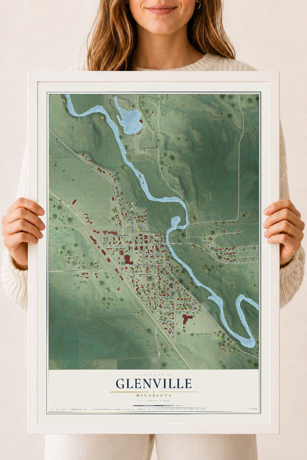 Map of Glenville, Minnesota, 18 x 24 inch print in a white wood frame